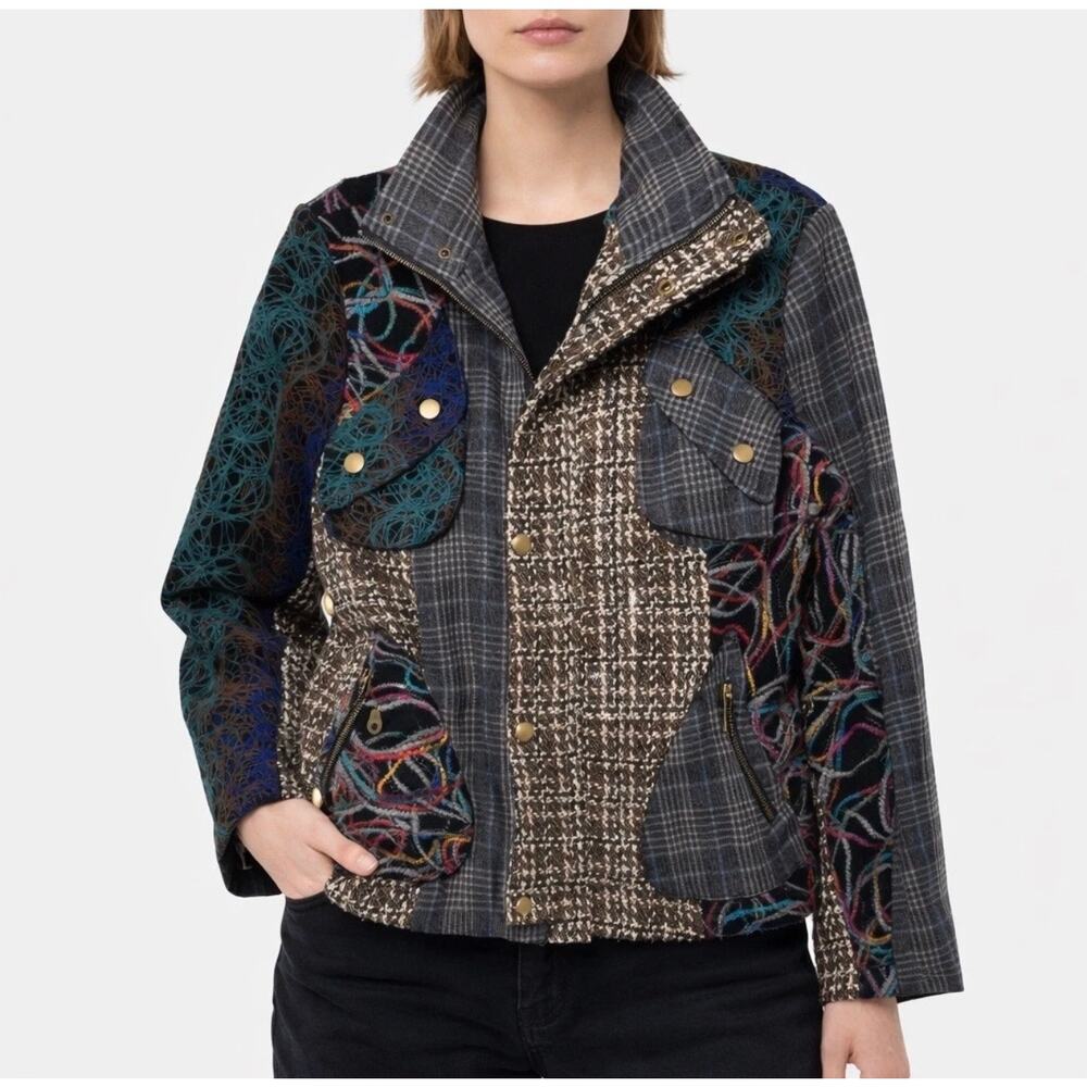 Pura Vida Patchwork Plaid Tweed Embroidered Jacket Women's Medium Funky Artsy